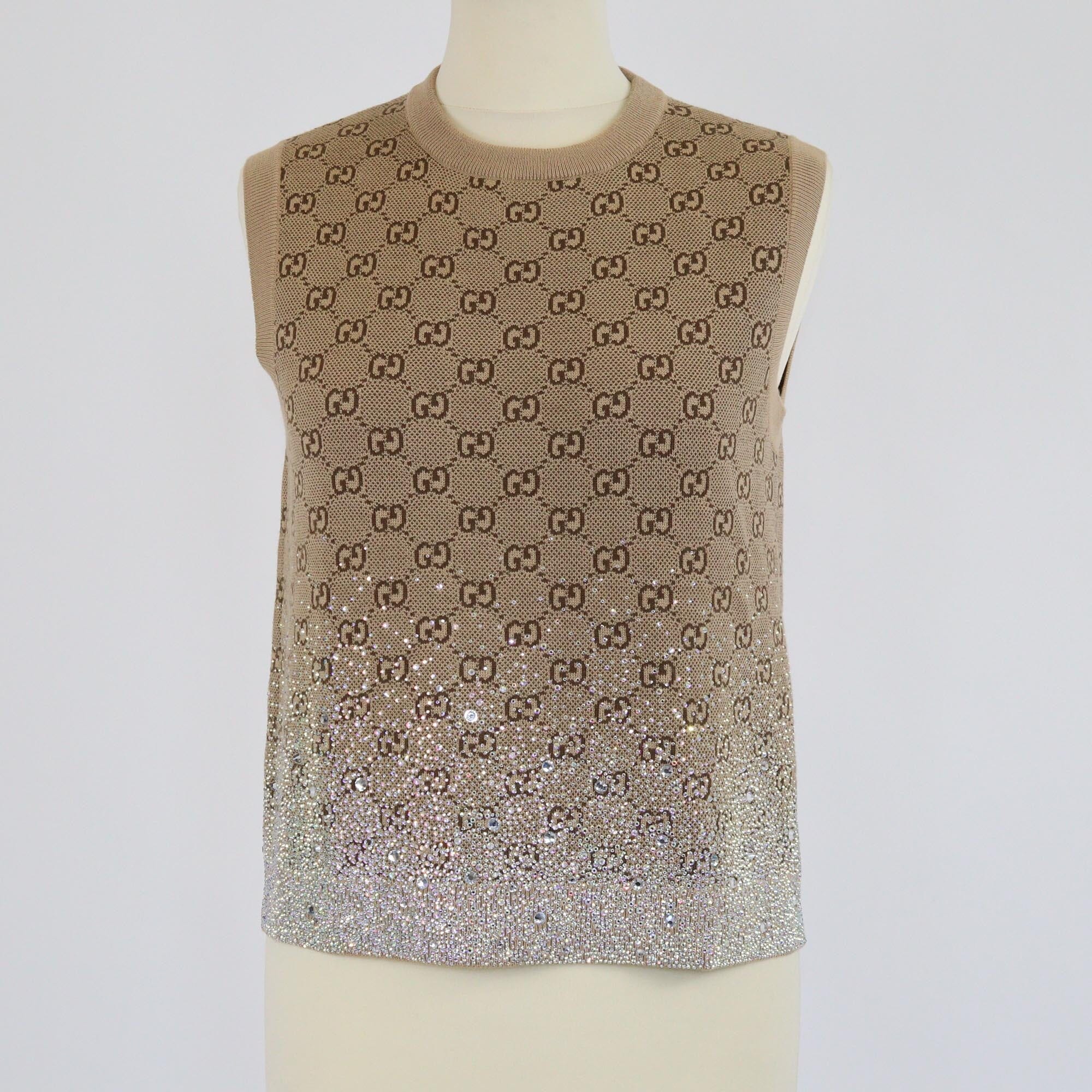Gucci Brown GG Monogram Gradient Crystal Embellished Sleeveless Knitted Sweater Womens Gucci 