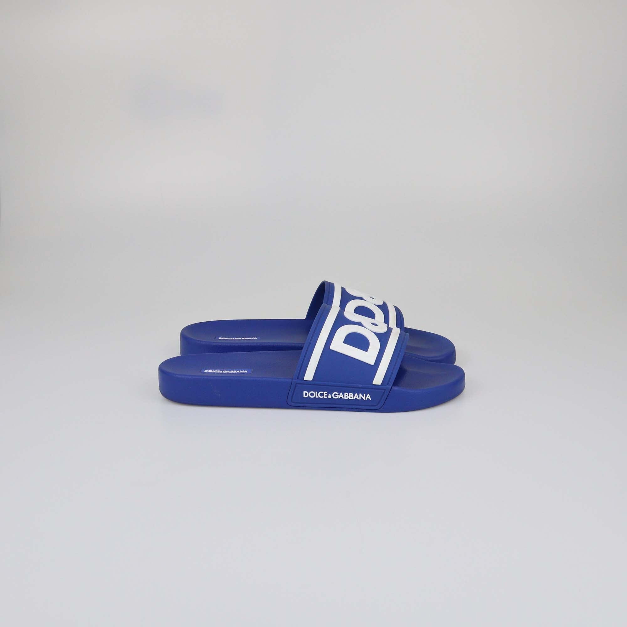 Dolce & Gabbana Blue Rubber DG Logo Beachwear Slides Mens Dolce & Gabbana 