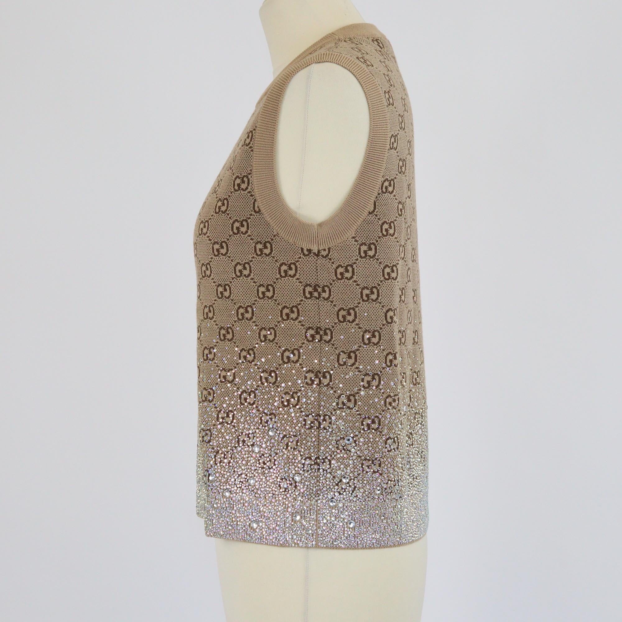 Gucci Brown GG Monogram Gradient Crystal Embellished Sleeveless Knitted Sweater Womens Gucci 