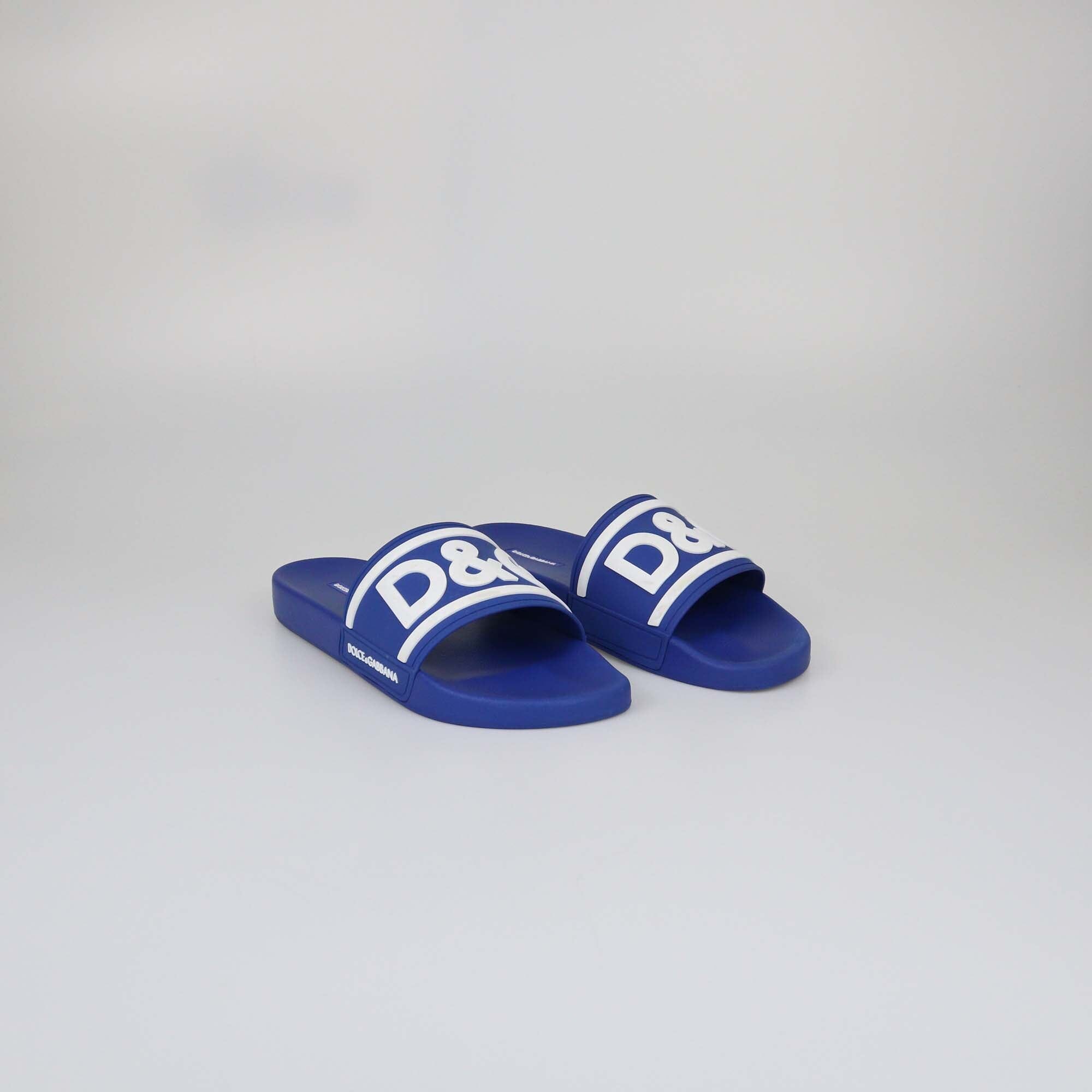 Dolce & Gabbana Blue Rubber DG Logo Beachwear Slides Mens Dolce & Gabbana 