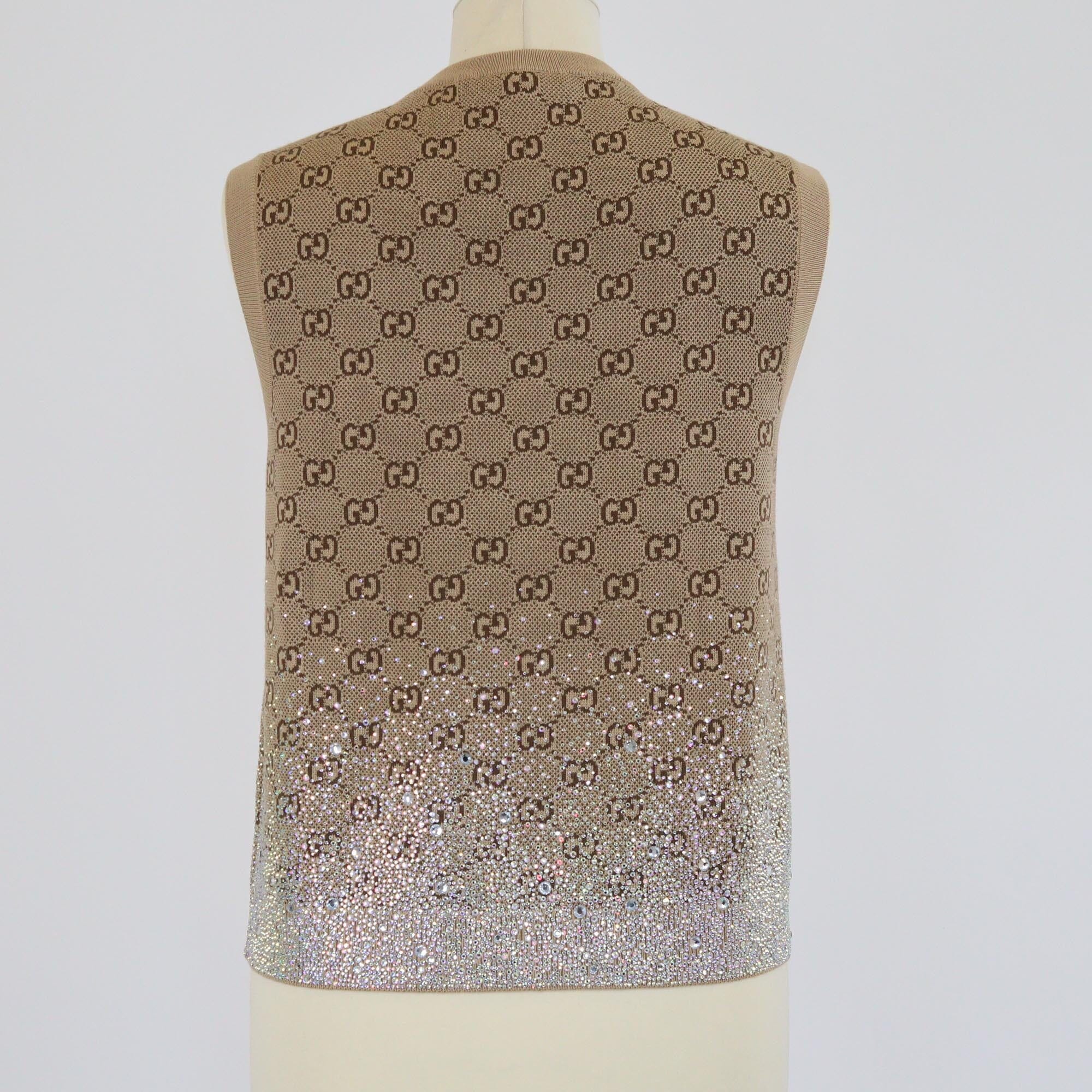 Gucci Brown GG Monogram Gradient Crystal Embellished Sleeveless Knitted Sweater Womens Gucci 