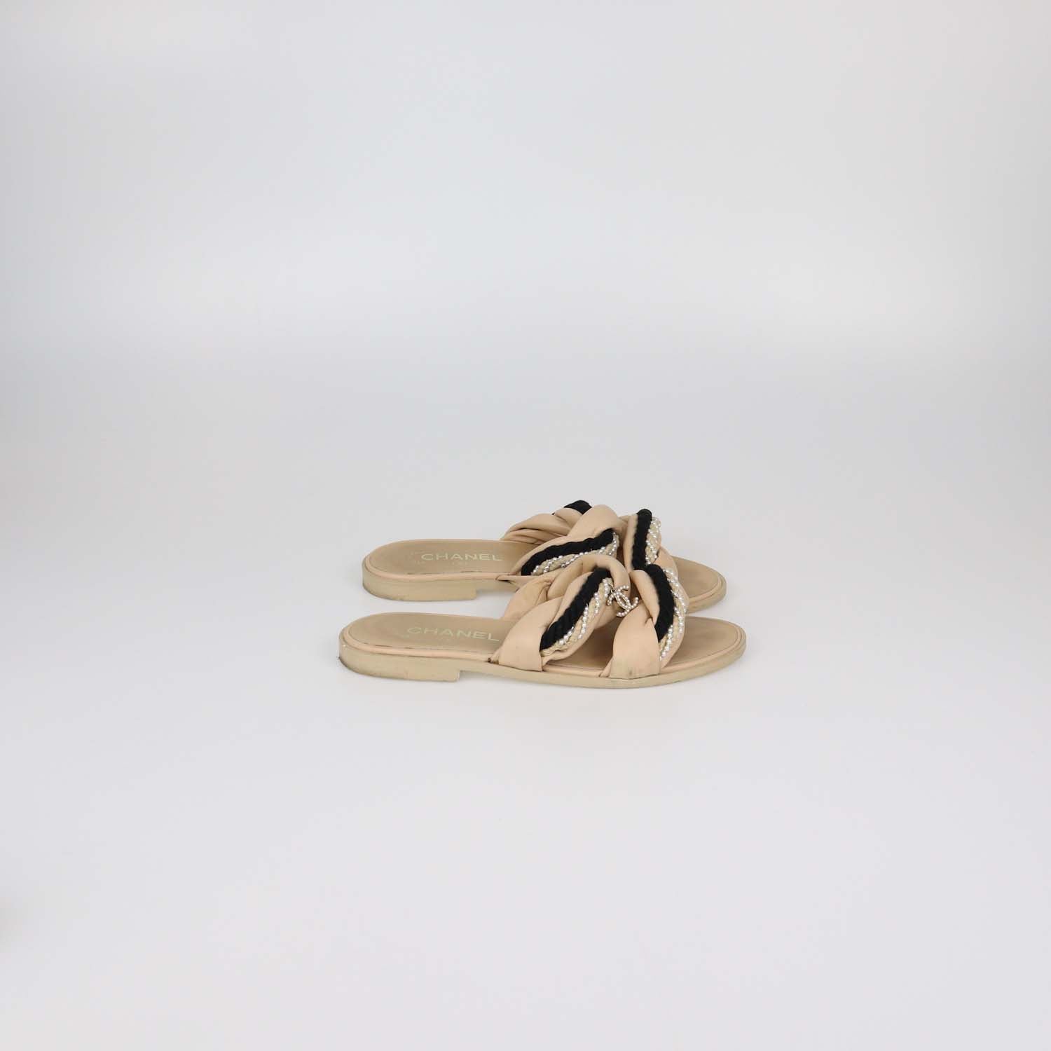 Chanel Beige Leather Rope With Faux Pearls CC Slide Sandals