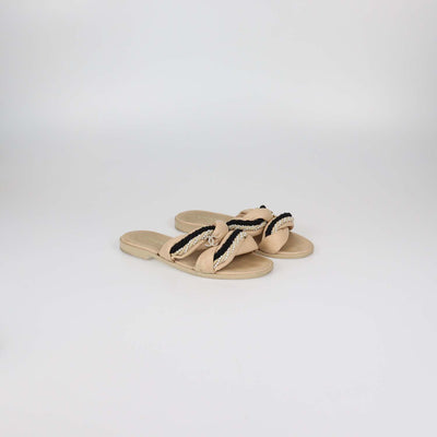 Chanel Beige Leather Rope With Faux Pearls CC Slide Sandals