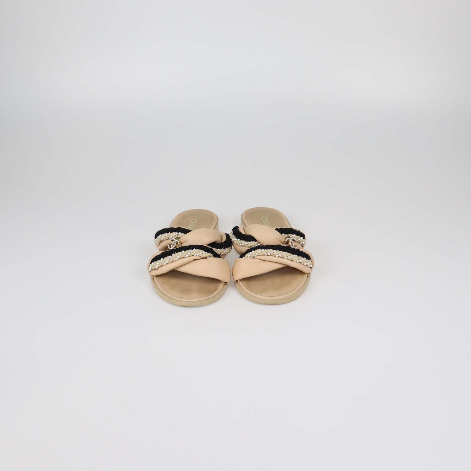 Chanel Beige Leather Rope With Faux Pearls CC Slide Sandals