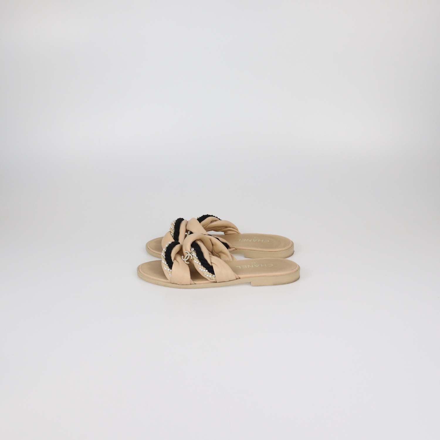 Chanel Beige Leather Rope With Faux Pearls CC Slide Sandals