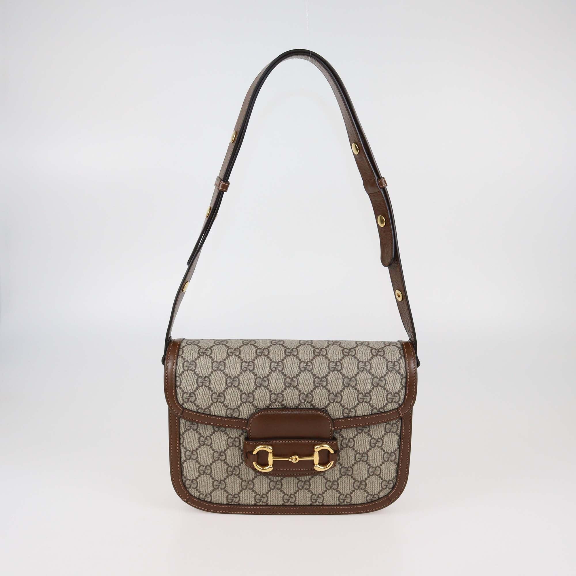 Gucci Brown/Beige GG Supreme Canvas Medium Horsebit 1955 Flap Shoulder Bag Womens Gucci 