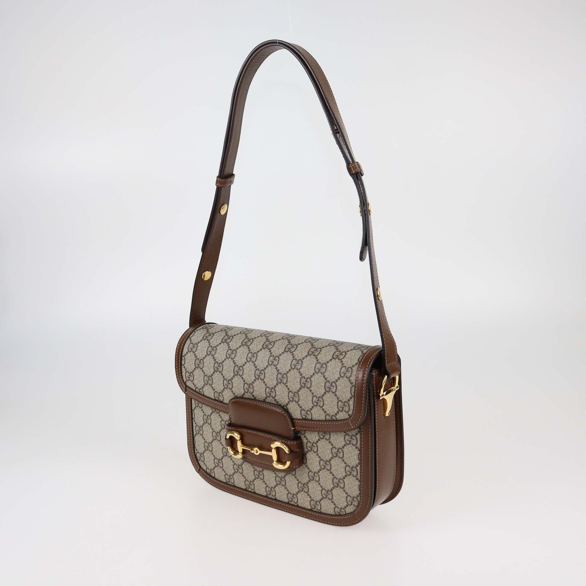 Gucci Brown/Beige GG Supreme Canvas Medium Horsebit 1955 Flap Shoulder Bag Womens Gucci 