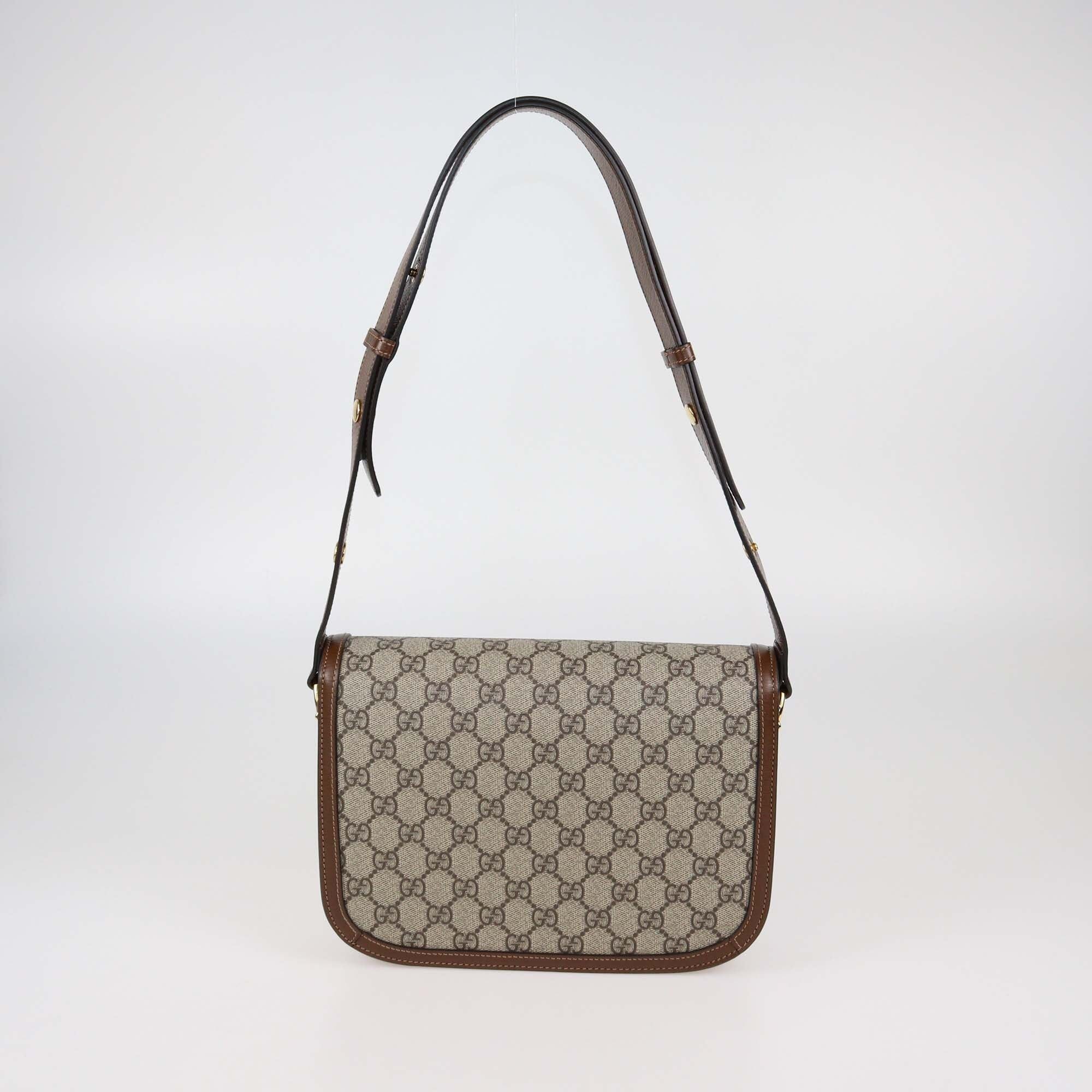 Gucci Brown/Beige GG Supreme Canvas Medium Horsebit 1955 Flap Shoulder Bag Womens Gucci 