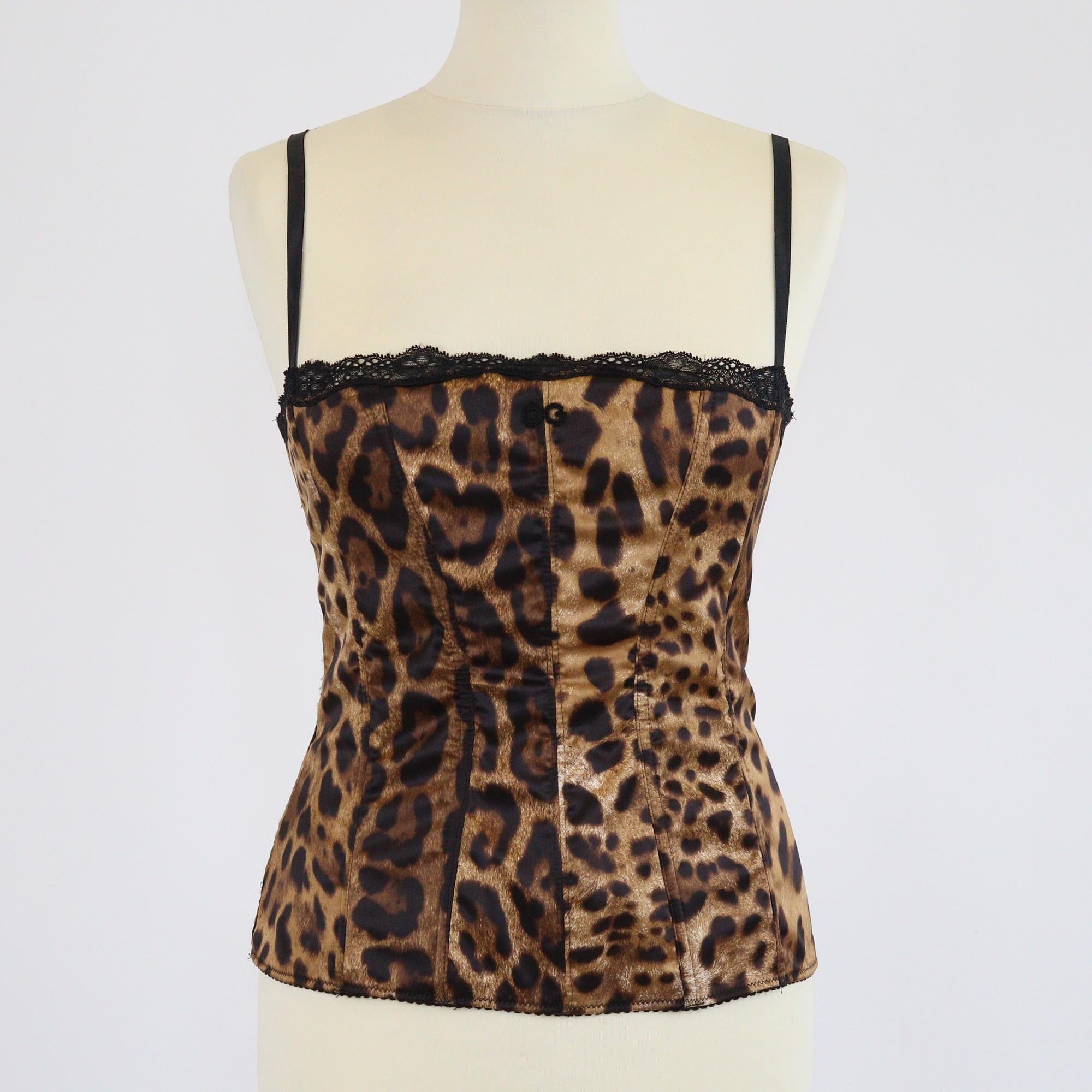 Dolce & Gabbana Black/Brown Leopard Print Lace Trimmed Sleeveless Top Womens Dolce & Gabbana 