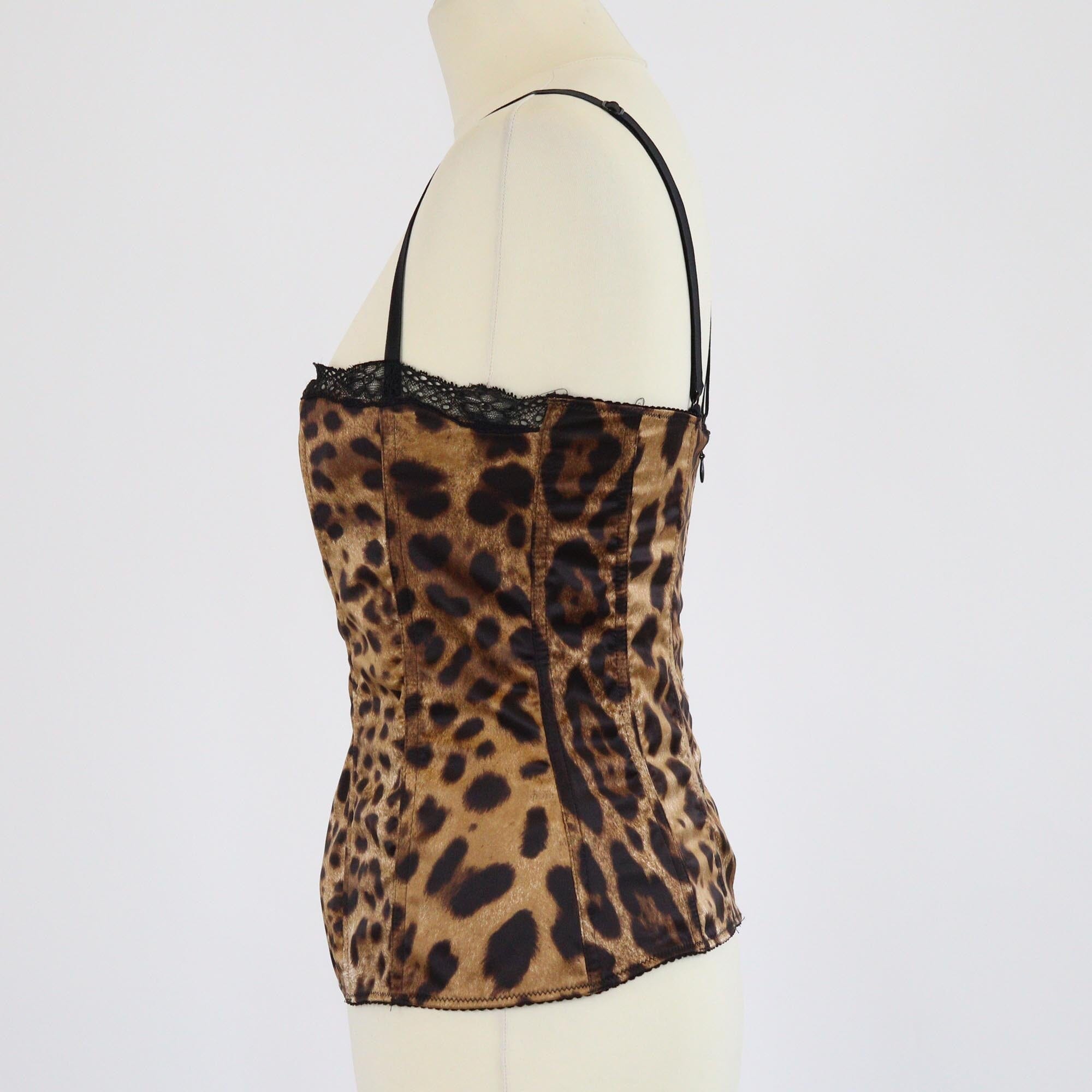 Dolce & Gabbana Black/Brown Leopard Print Lace Trimmed Sleeveless Top Womens Dolce & Gabbana 