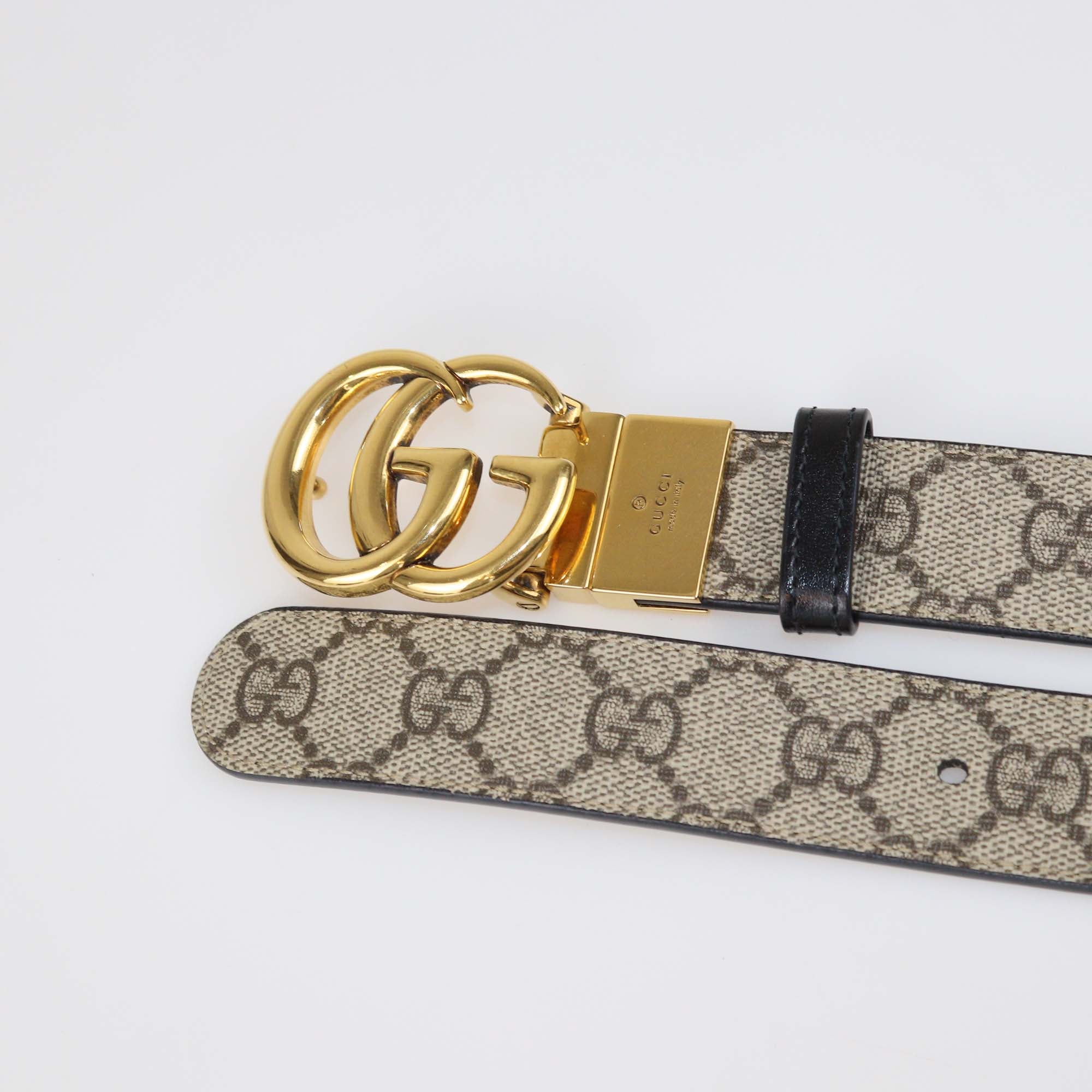 Gucci Beige/Black GG Supreme Canvas and Leather Reversible GG Marmont Buckle Belt