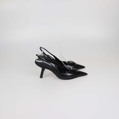 Prada Black Brushed Leather Triangular Logo Slingback Pumps