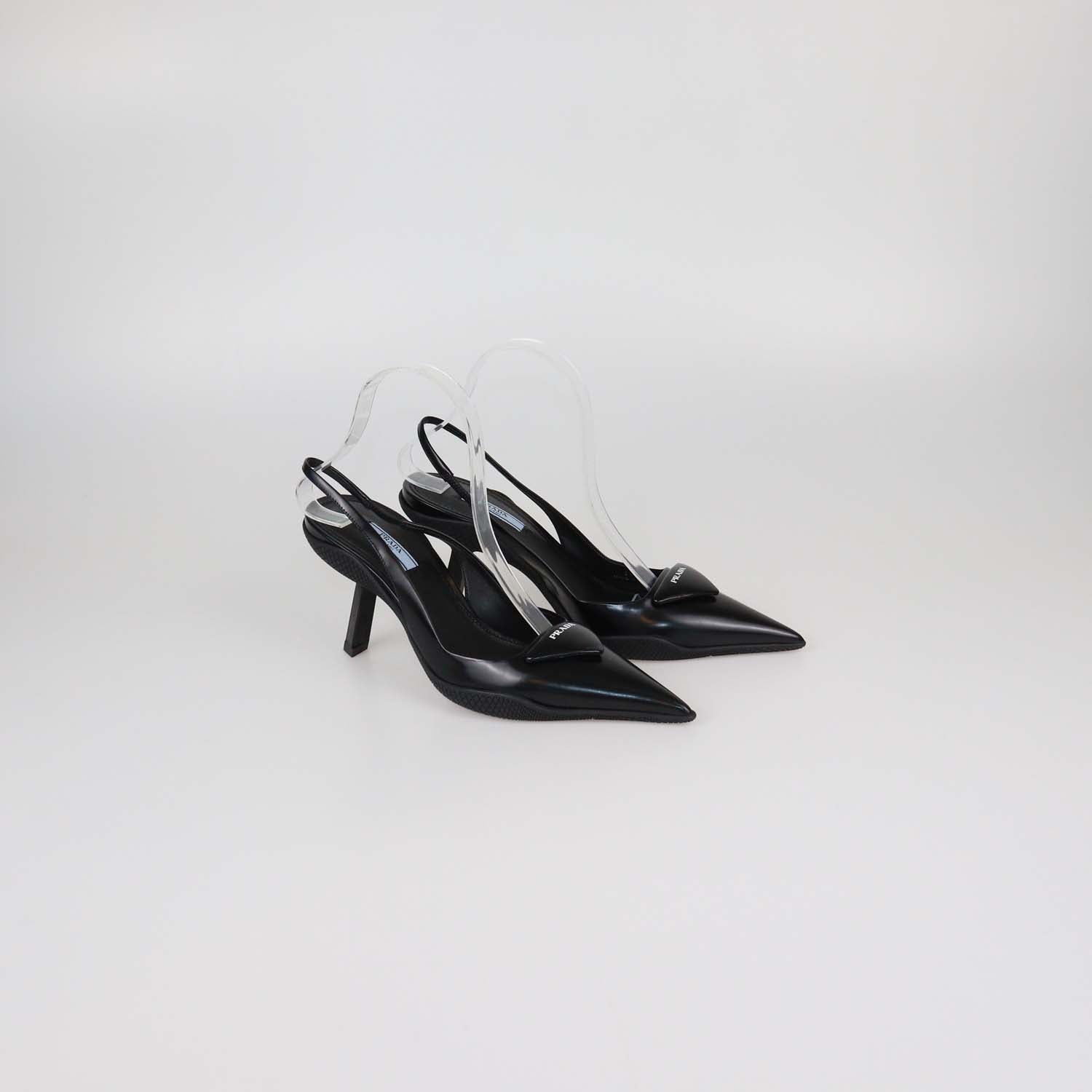 Prada Black Brushed Leather Triangular Logo Slingback Pumps