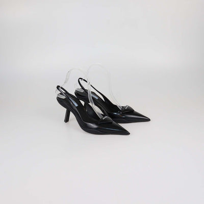Prada Black Brushed Leather Triangular Logo Slingback Pumps