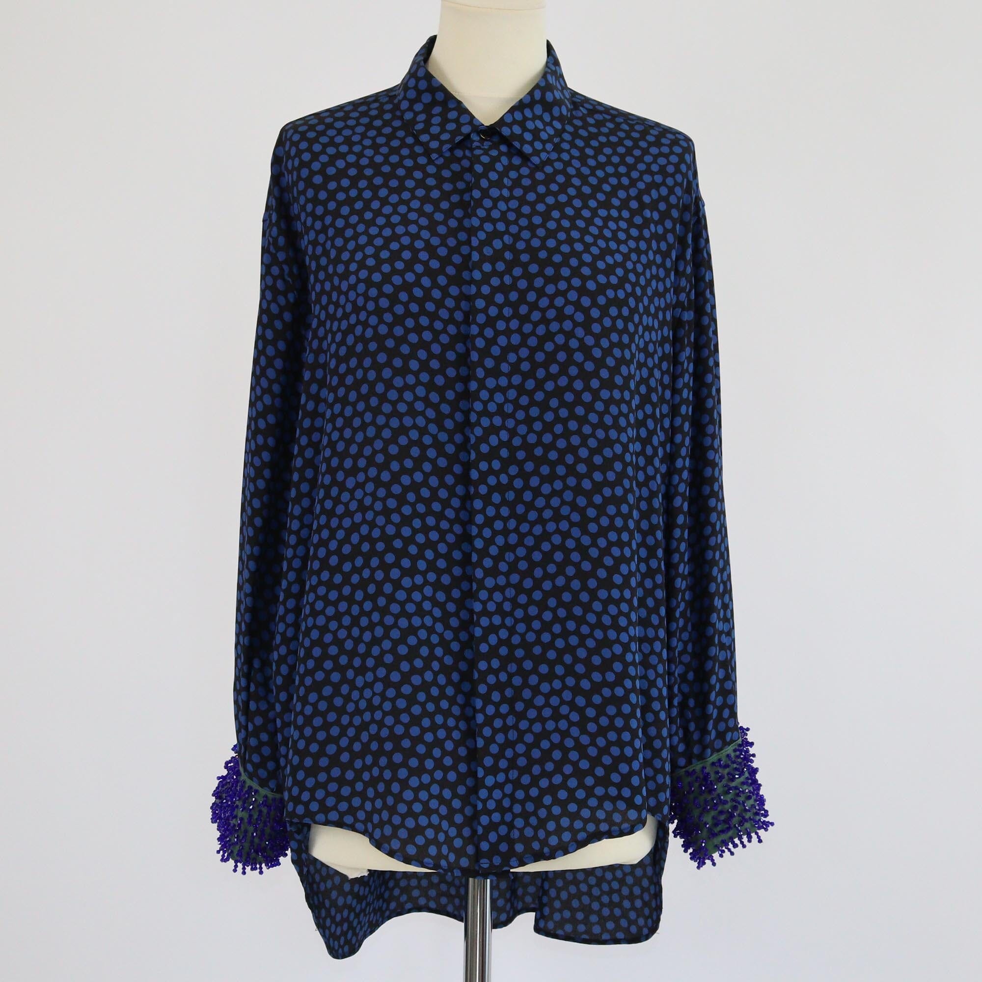 Saint Laurent Blue/Black Polka Dotted Beaded Long Sleeve Blouse Womens Saint Laurent 