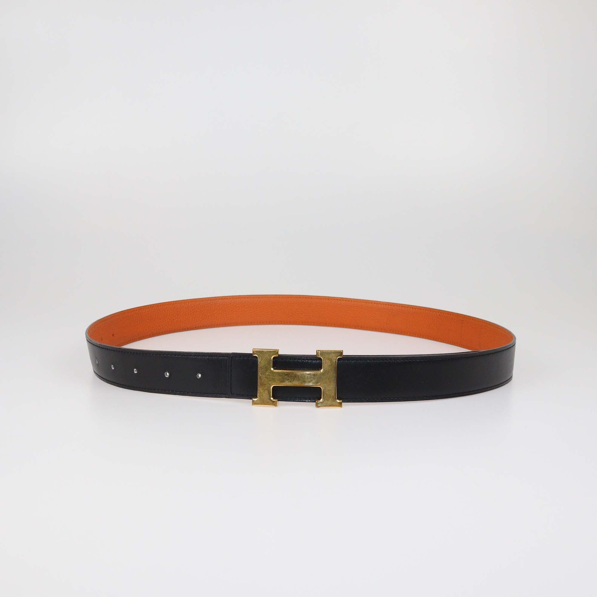 Hermes Black/Orange Box Calf and Togo Leather Reversible H Buckle Belt