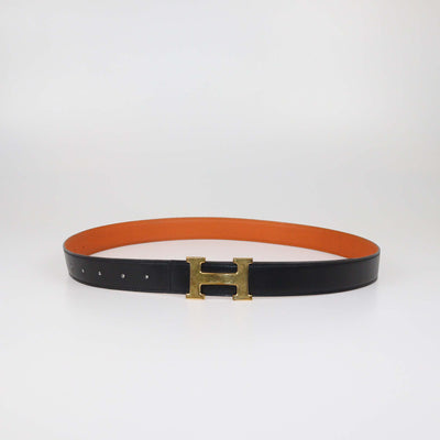 Hermes Black/Orange Box Calf and Togo Leather Reversible H Buckle Belt