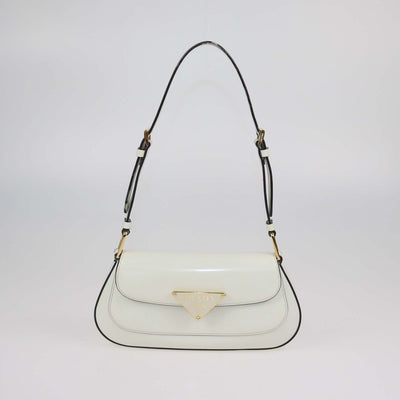 Prada Ivory Brushed Leather Plaque Flap Shoulder Bag