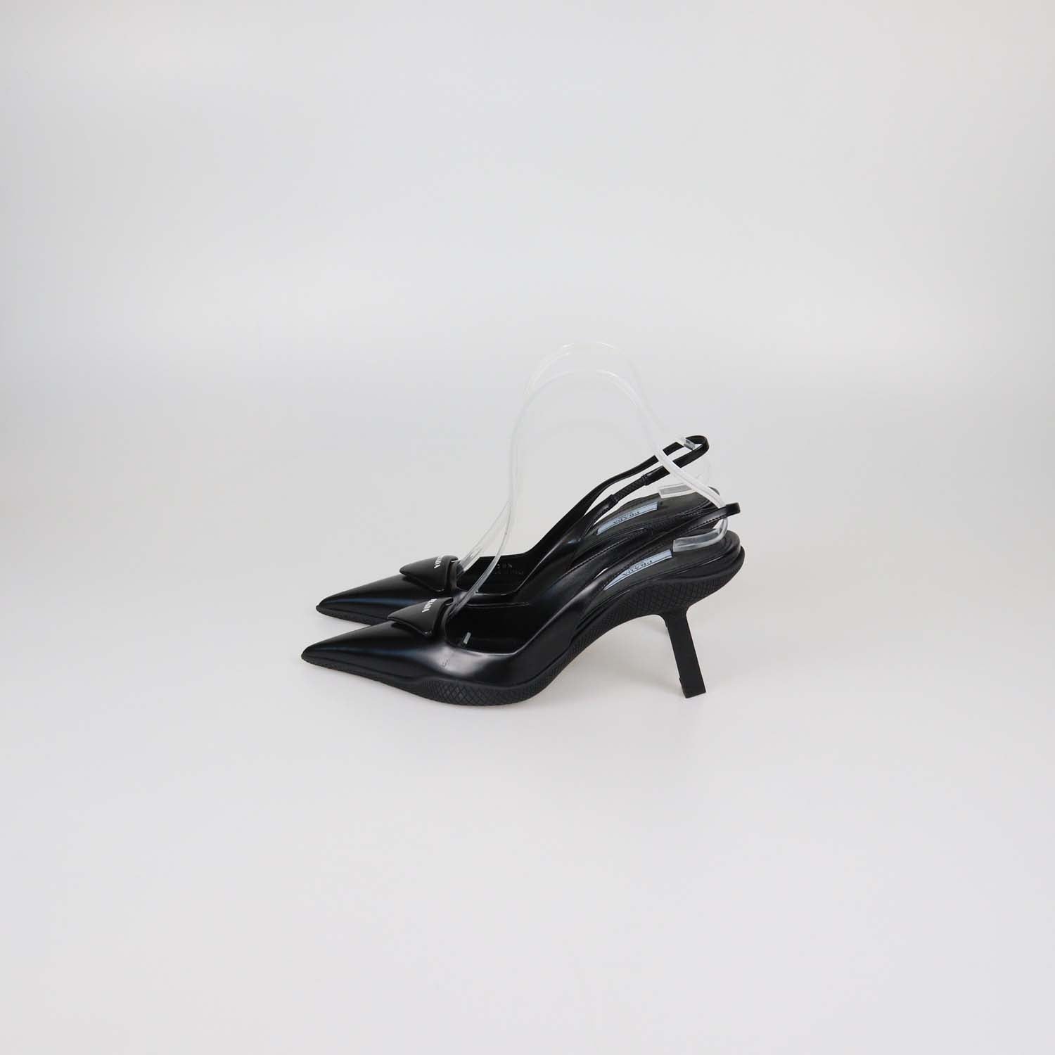 Prada Black Brushed Leather Triangular Logo Slingback Pumps