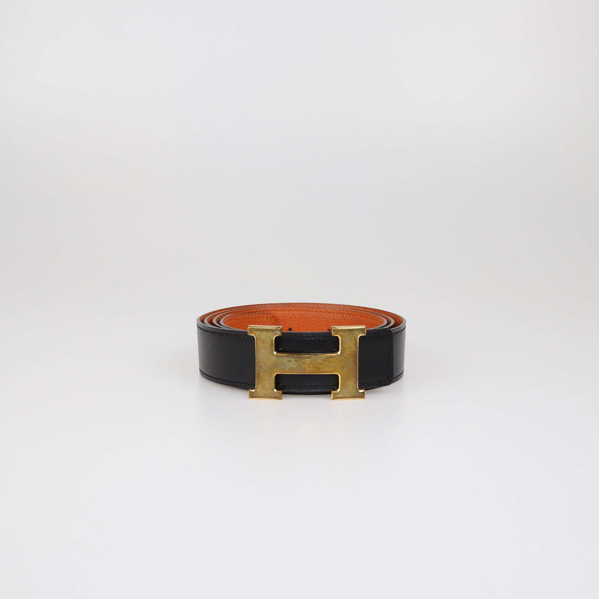 HERMES オレンジ ブラック ベルト　最終値下げ Hermes Black/Orange Box Calf and Togo Leather Reversible H Buckle