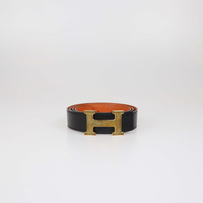 Hermes Black/Orange Box Calf and Togo Leather Reversible H Buckle Belt