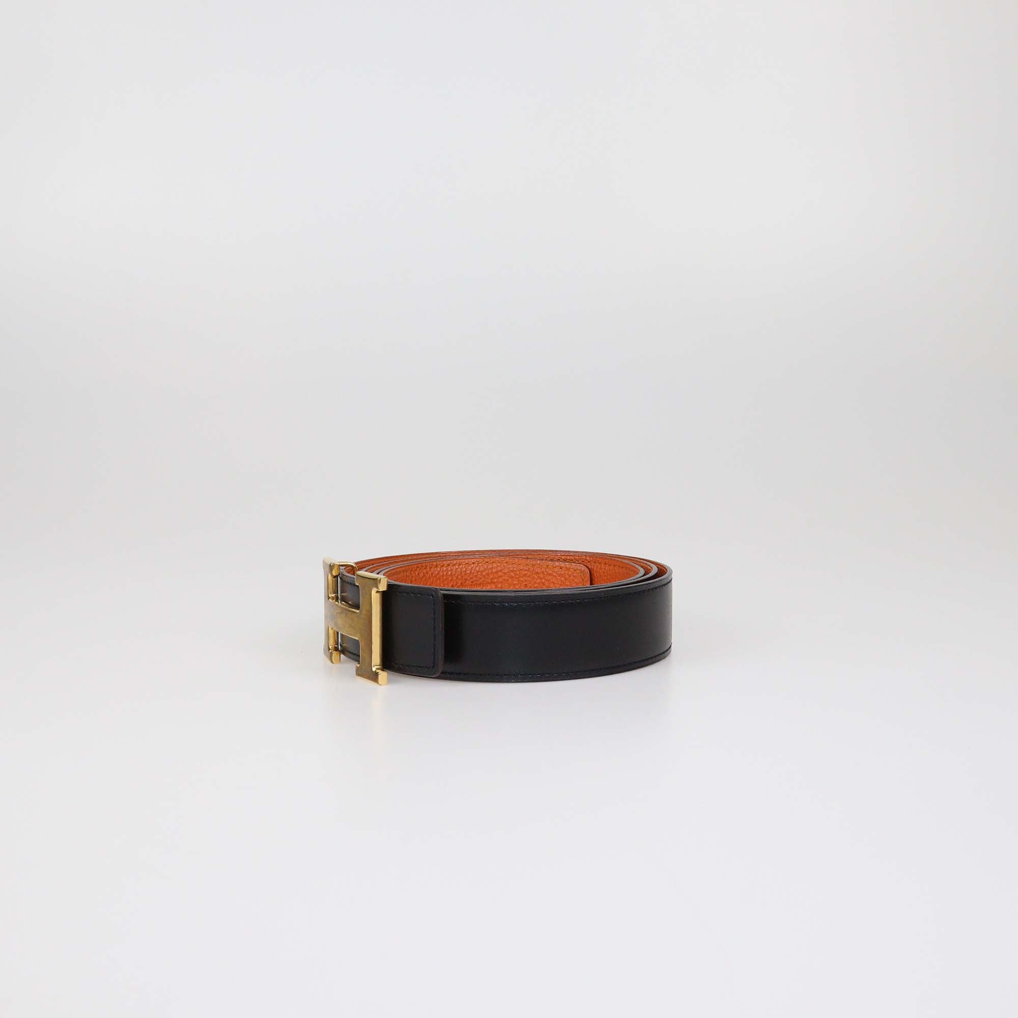 Hermes Black/Orange Box Calf and Togo Leather Reversible H Buckle Belt