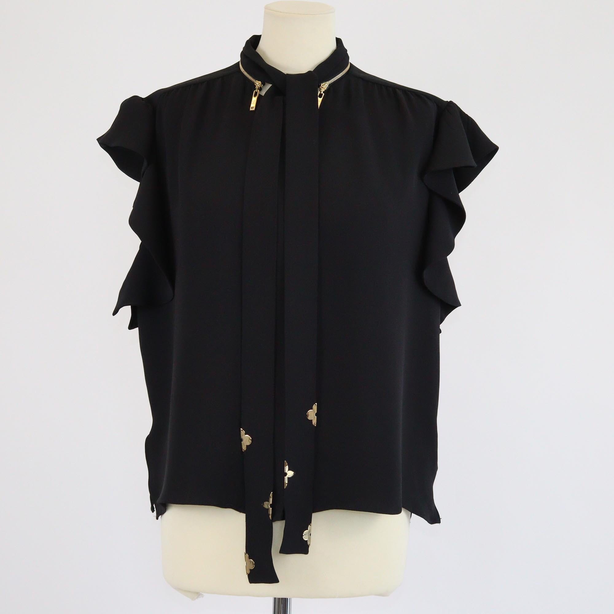 Louis Vuitton Black Zip Monogram Stripe Flounce Raffle Sleeve Blouse Womens Louis Vuitton 