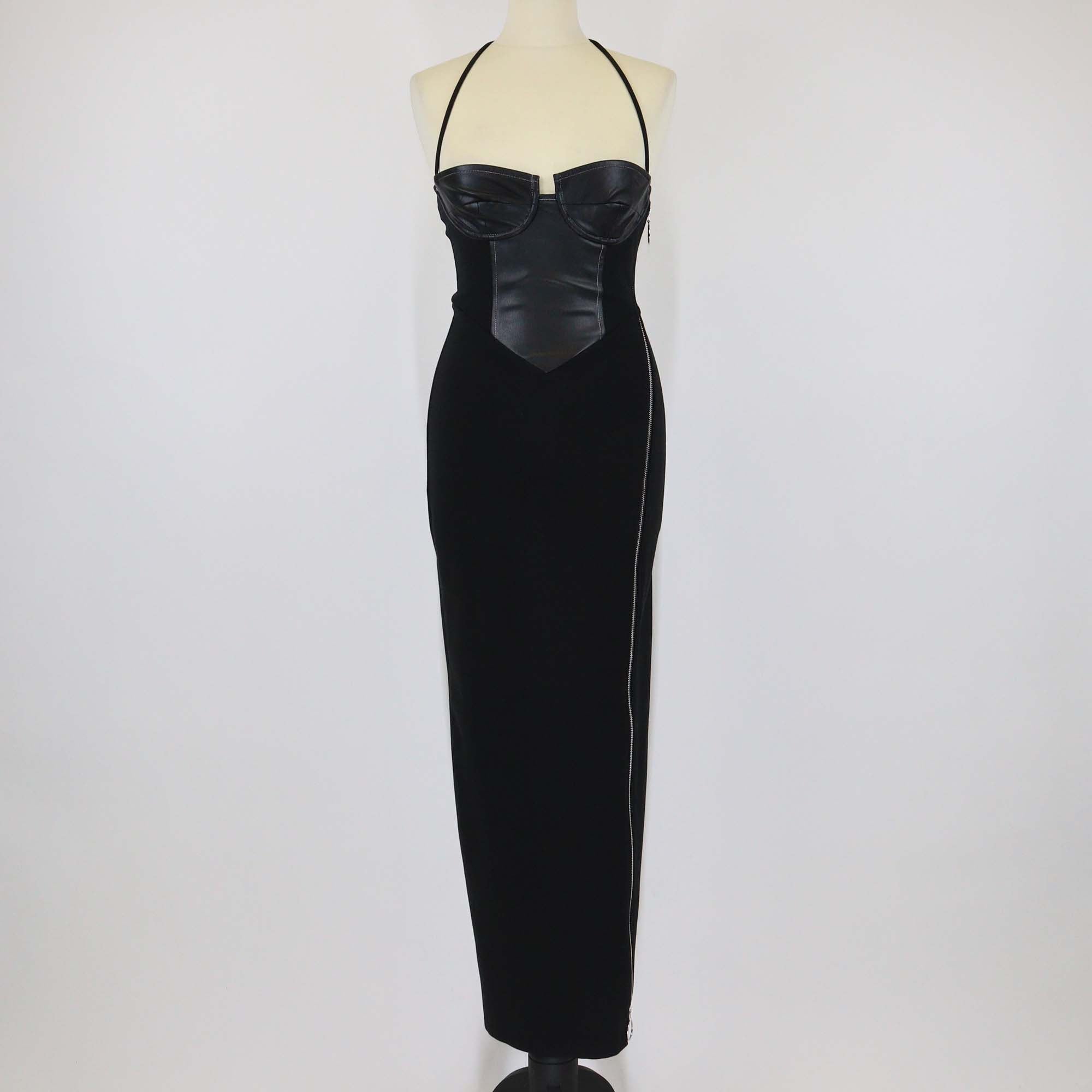 Staud Black Blend Rayon and Faux Leather Side Zip Halterneck Long Dress