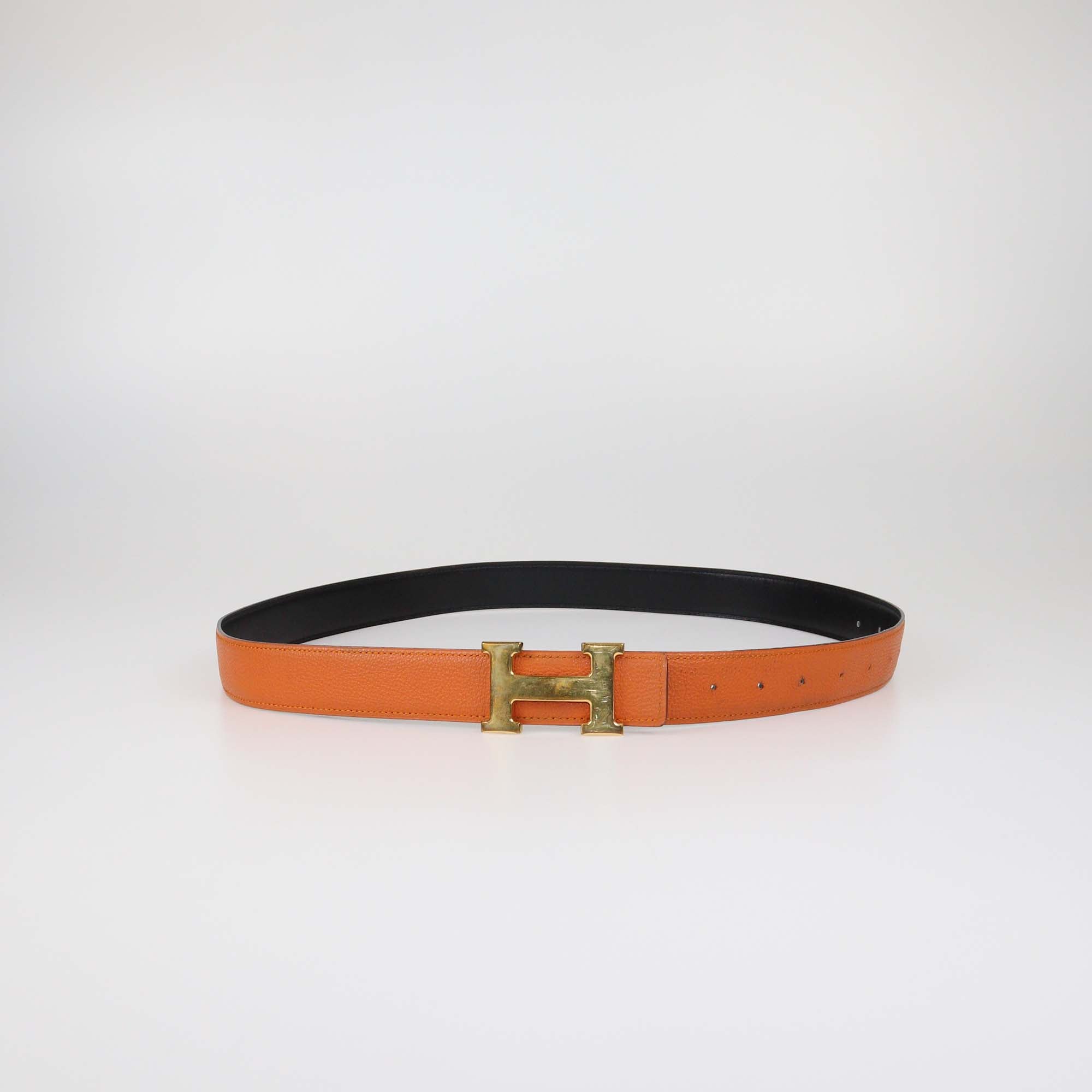 Hermes Black/Orange Box Calf and Togo Leather Reversible H Buckle Belt