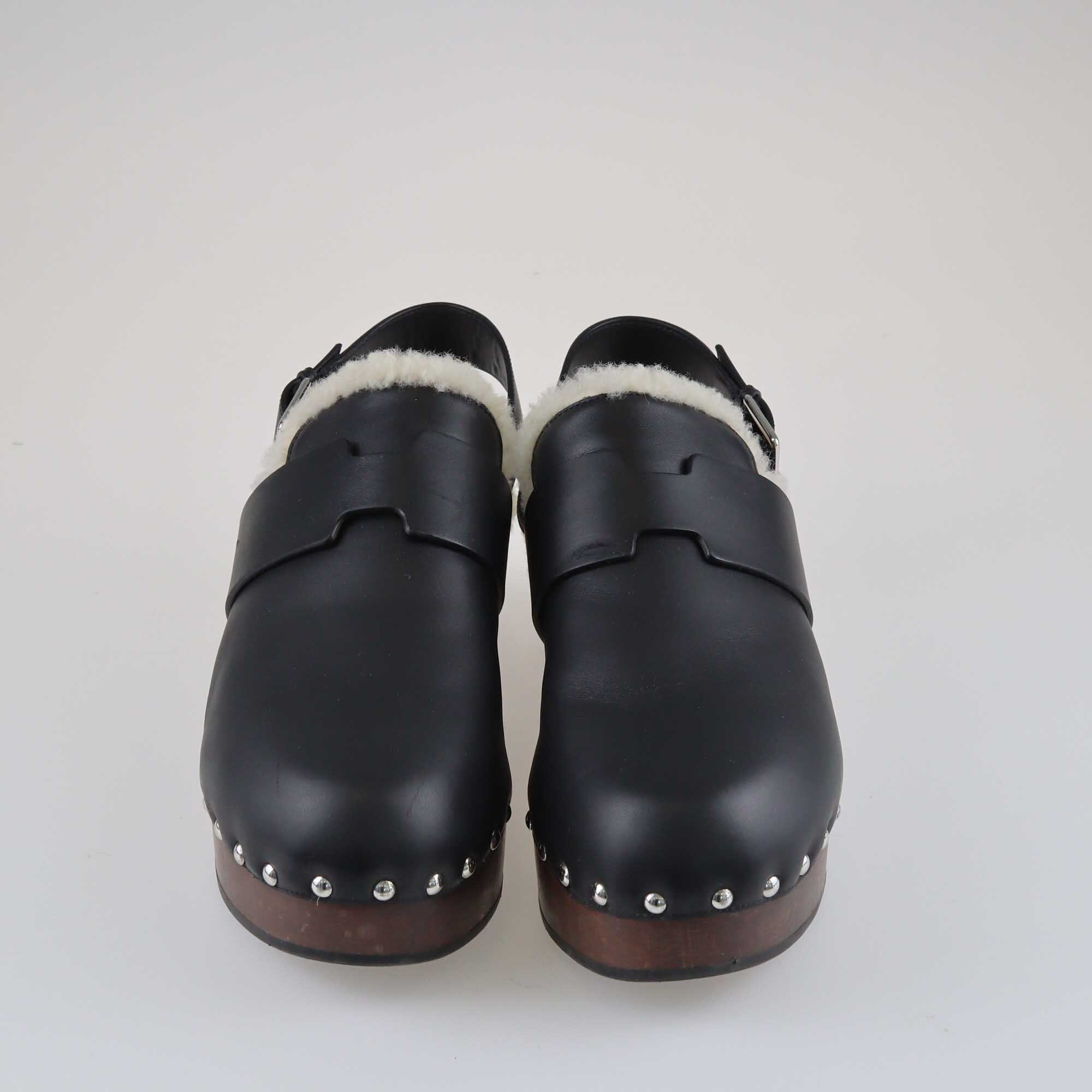 Hermes Black Leather and Shearling Hermione Mule Shoes Hermes 