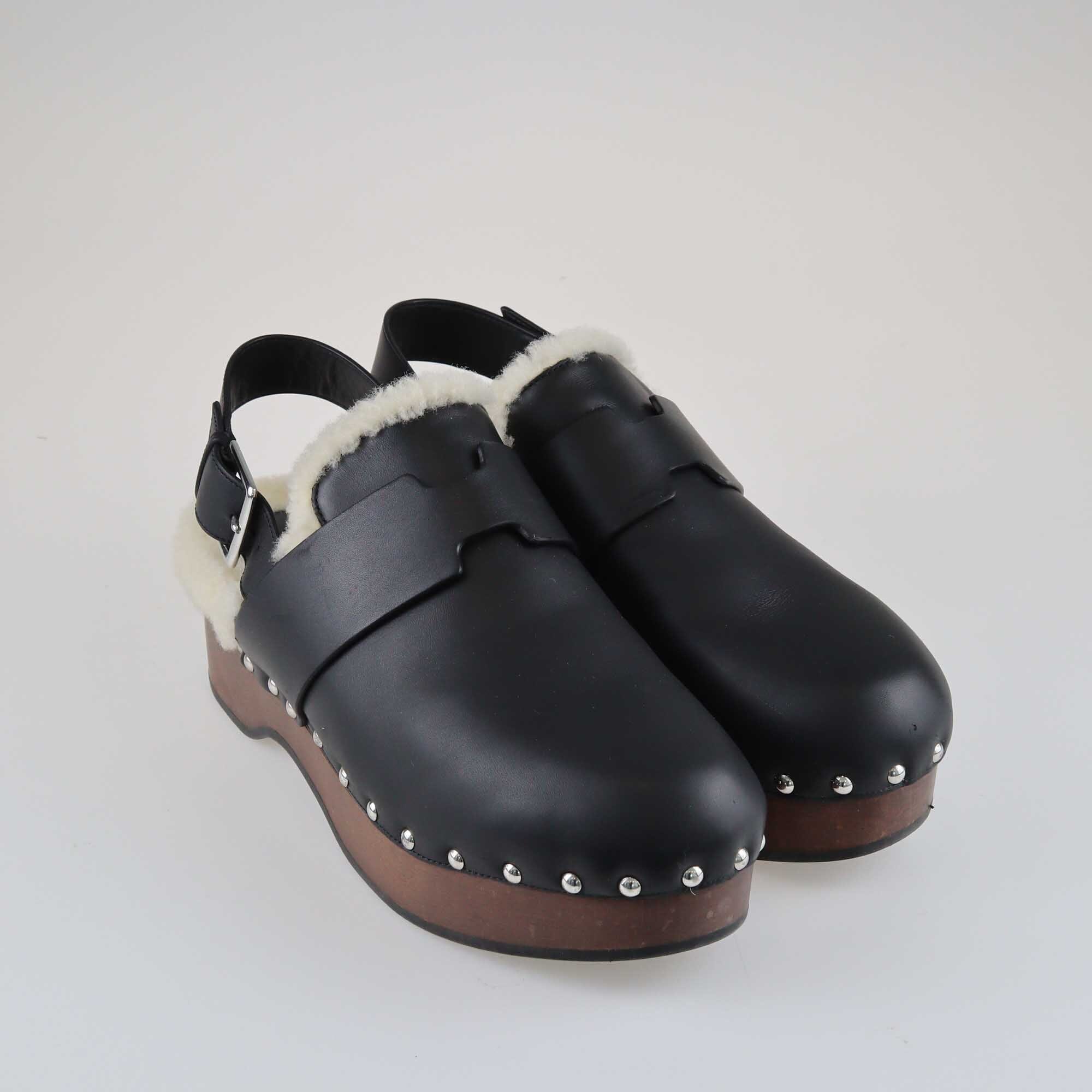 Hermes Black Leather and Shearling Hermione Mule Shoes Hermes 