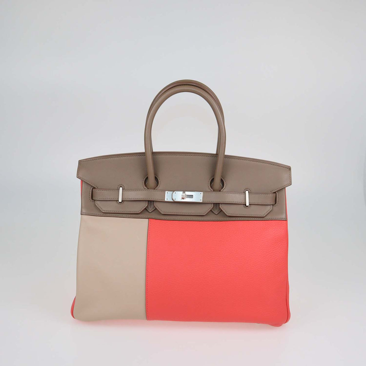 Hermes Etoupe, Argile, Rose Jaipur Clemence and Swift Leather Brushed Palladium Birkin 35 Bag