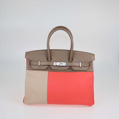 Hermes Etoupe, Argile, Rose Jaipur Clemence and Swift Leather Brushed Palladium Birkin 35 Bag