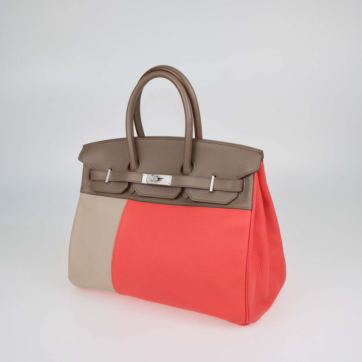 Hermes Etoupe, Argile, Rose Jaipur Clemence and Swift Leather Brushed Palladium Birkin 35 Bag