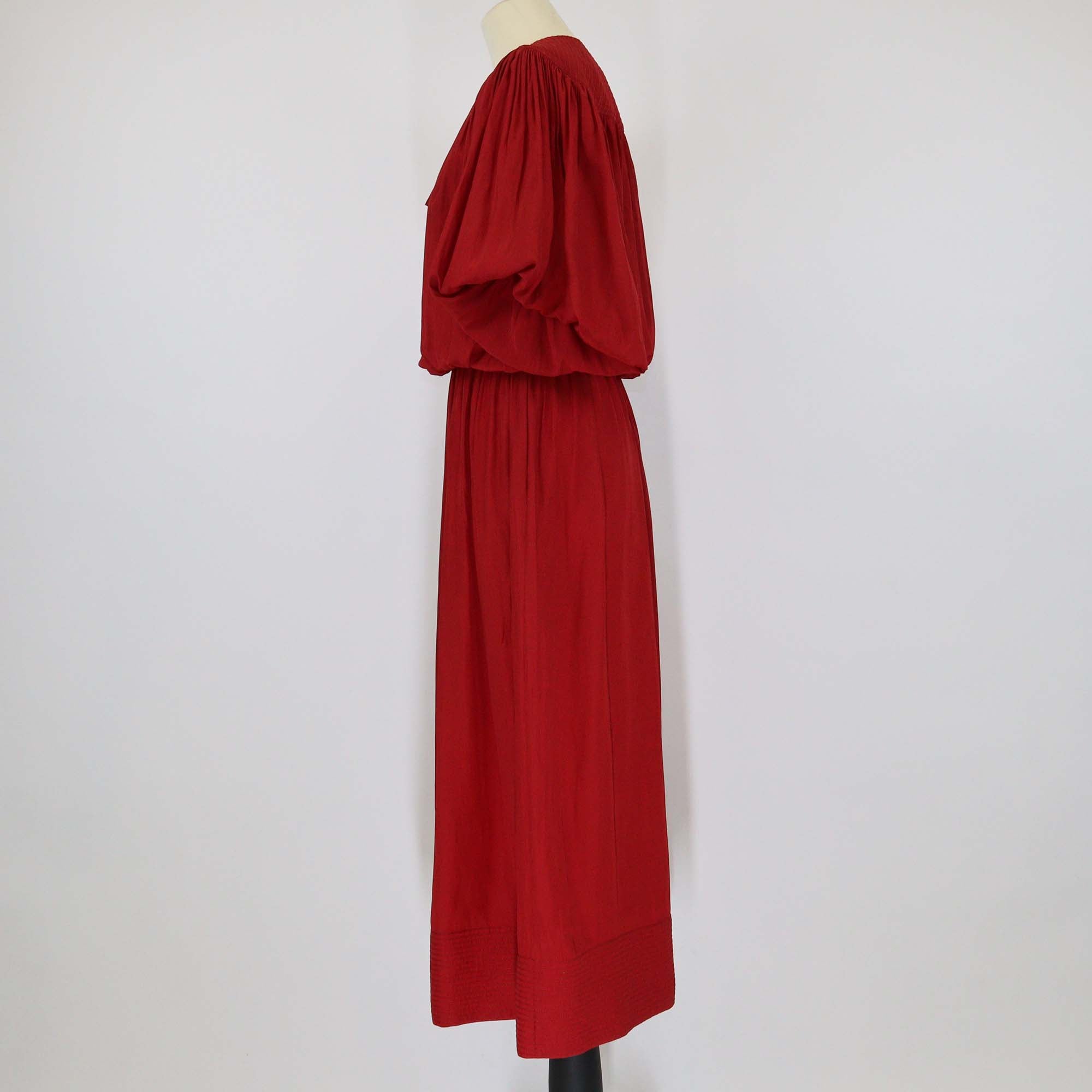 Lanvin Red Polyester V Neck Puff Sleeve Midi Dress