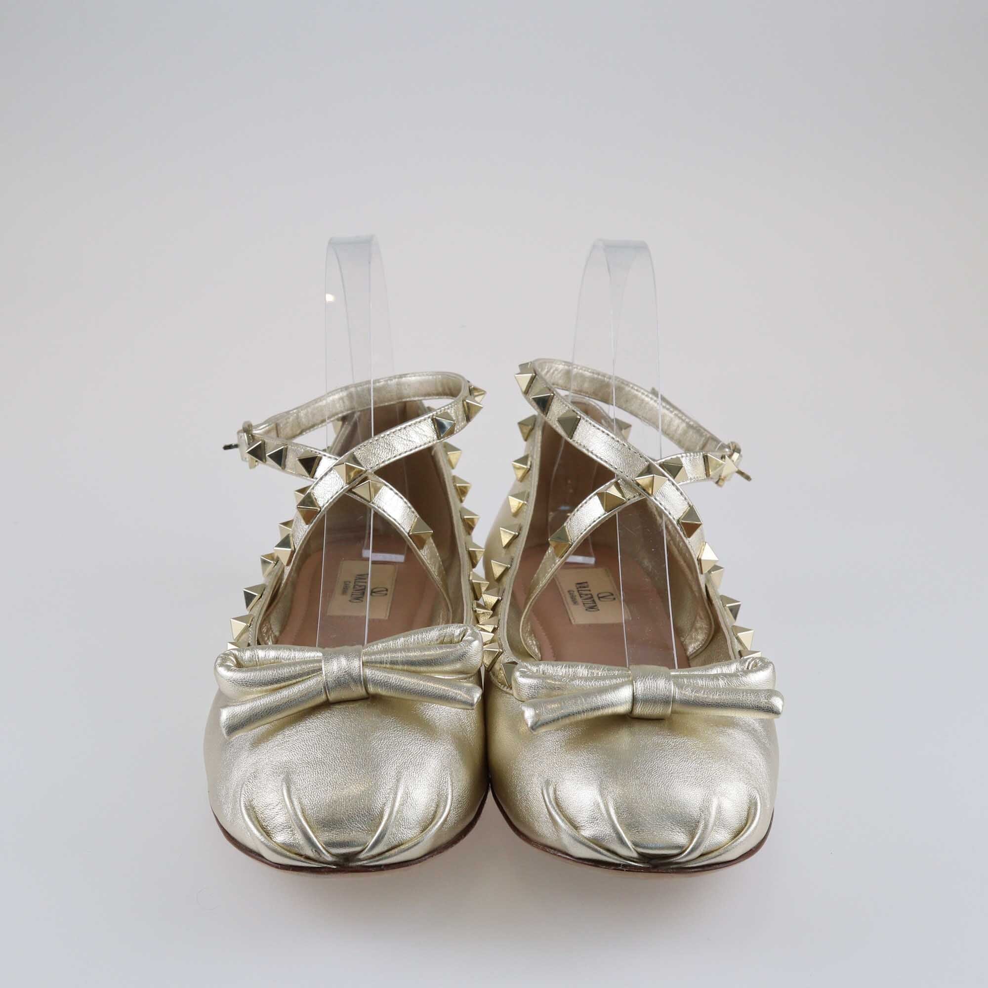 Valentino Gold Leather Rockstud Ballerina Flats Shoes Valentino 