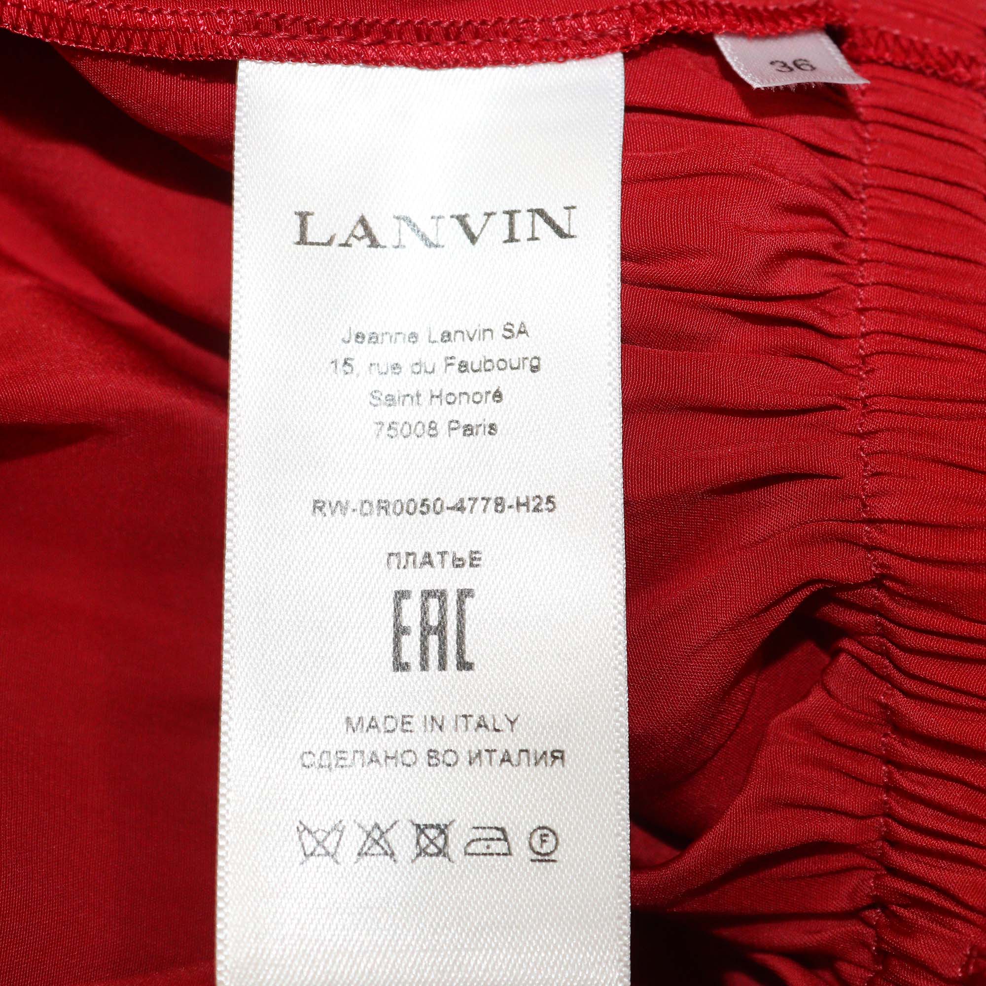 Lanvin Red Polyester V Neck Puff Sleeve Midi Dress