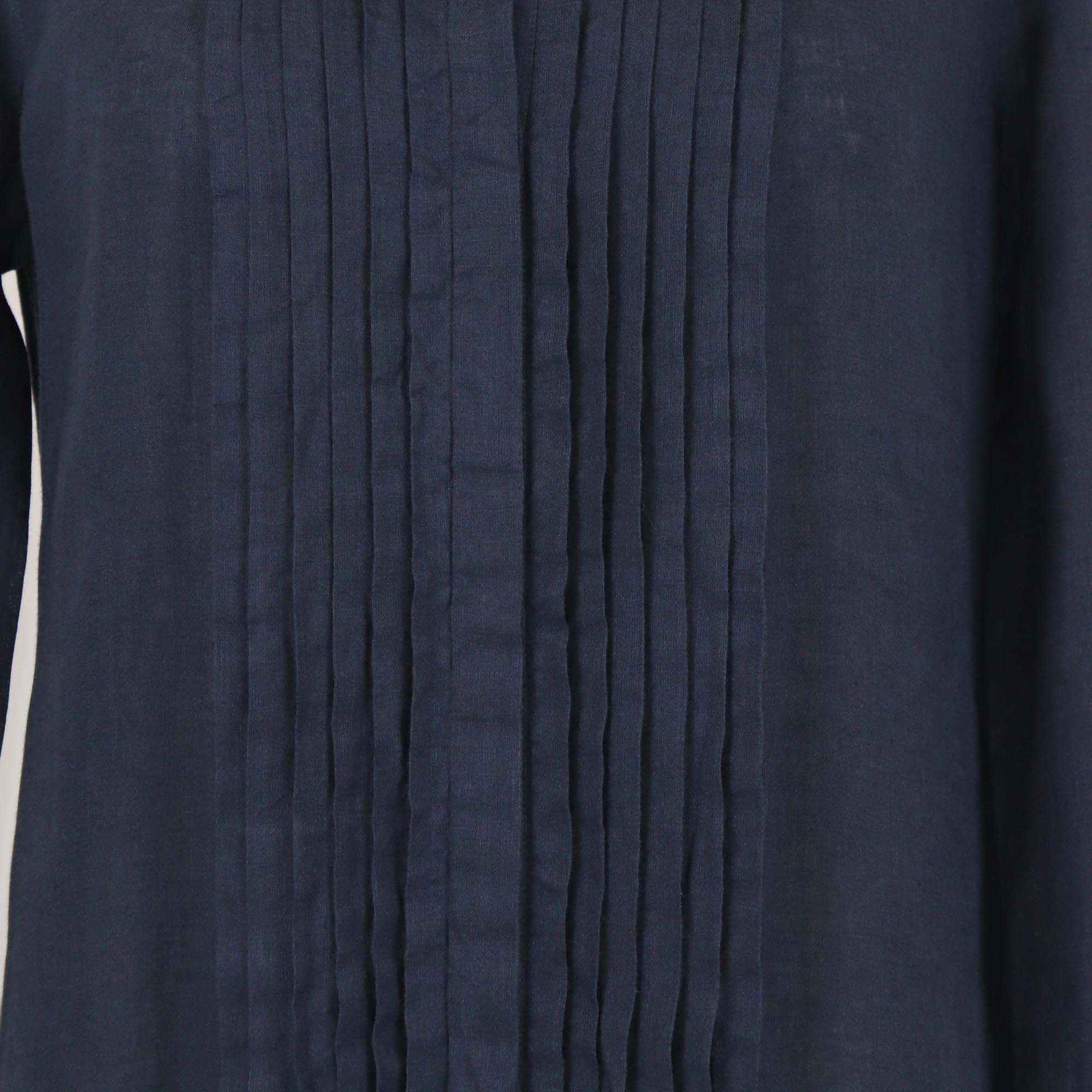 100% Capri Navy Blue Linen Camicia Royal Pleated Long Sleeve Maxi Dress