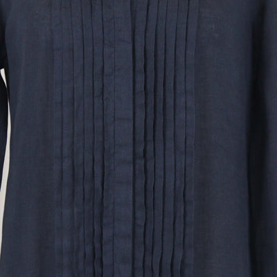100% Capri Navy Blue Linen Camicia Royal Pleated Long Sleeve Maxi Dress