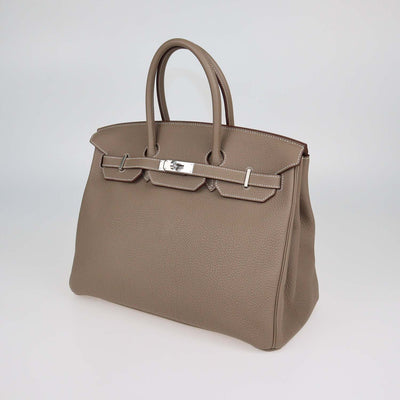 Hermes Etoupe Clemence Leather Palladium Hardware Birkin 35 Bag