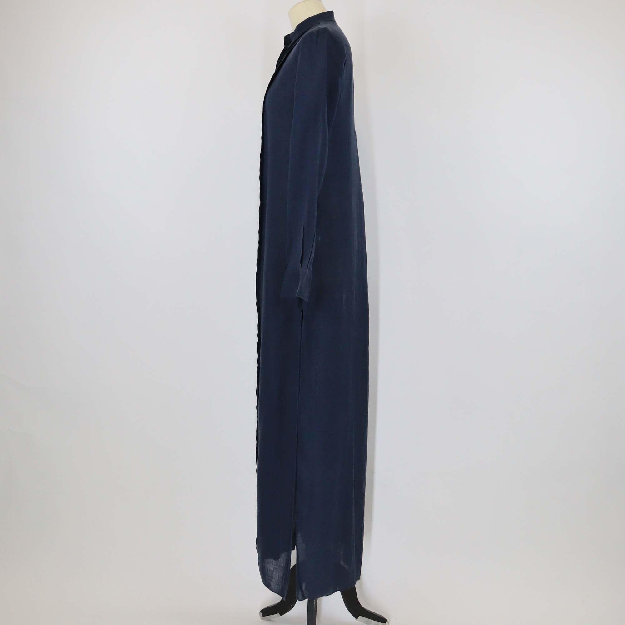 100% Capri Navy Blue Linen Camicia Royal Pleated Long Sleeve Maxi Dress