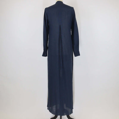 100% Capri Navy Blue Linen Camicia Royal Pleated Long Sleeve Maxi Dress