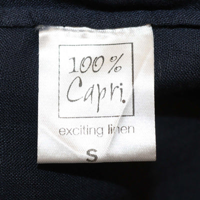 100% Capri Navy Blue Linen Camicia Royal Pleated Long Sleeve Maxi Dress