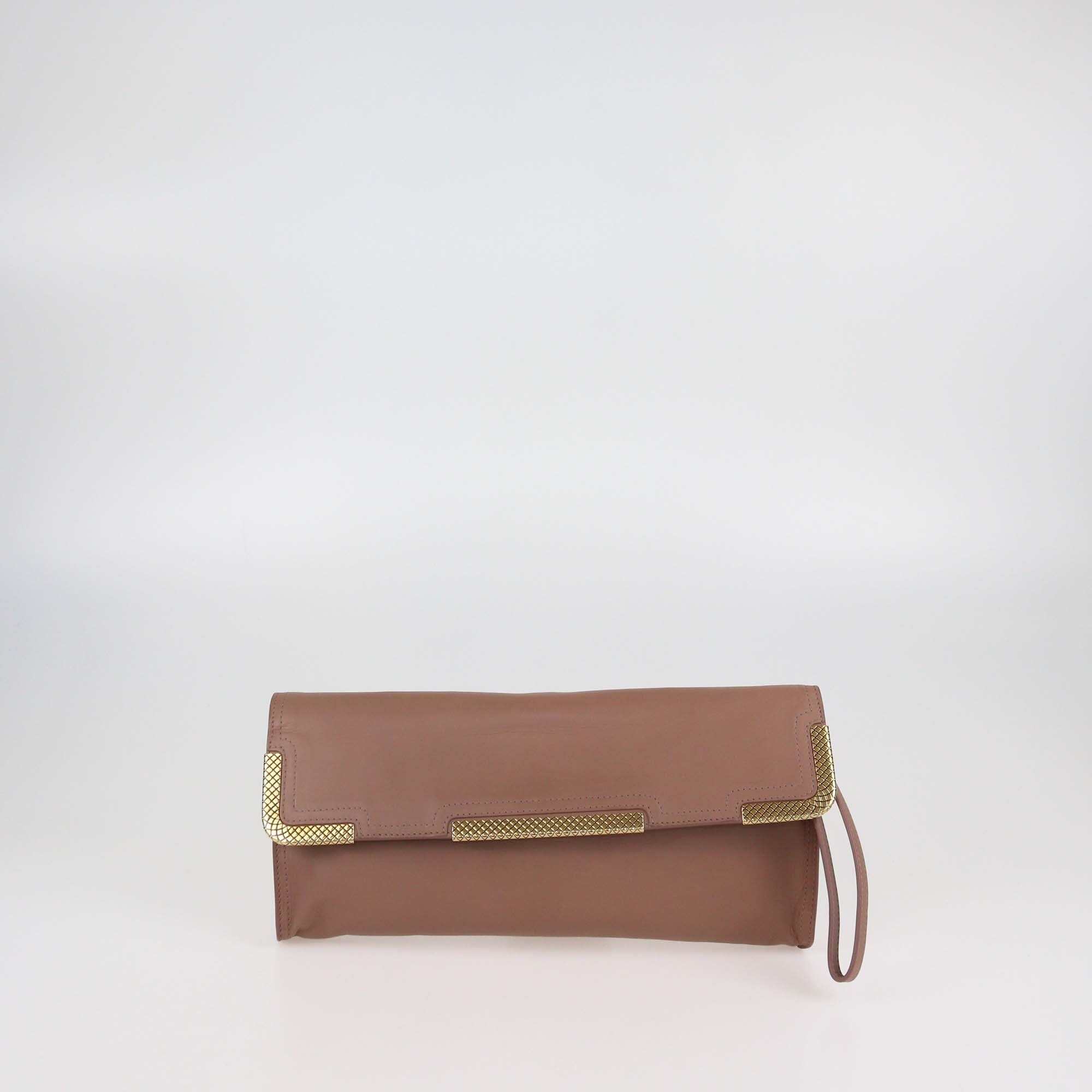 Bottega Veneta Old Rose Leather Metal Edge Wristlet Clutch Womens Bottega Veneta 