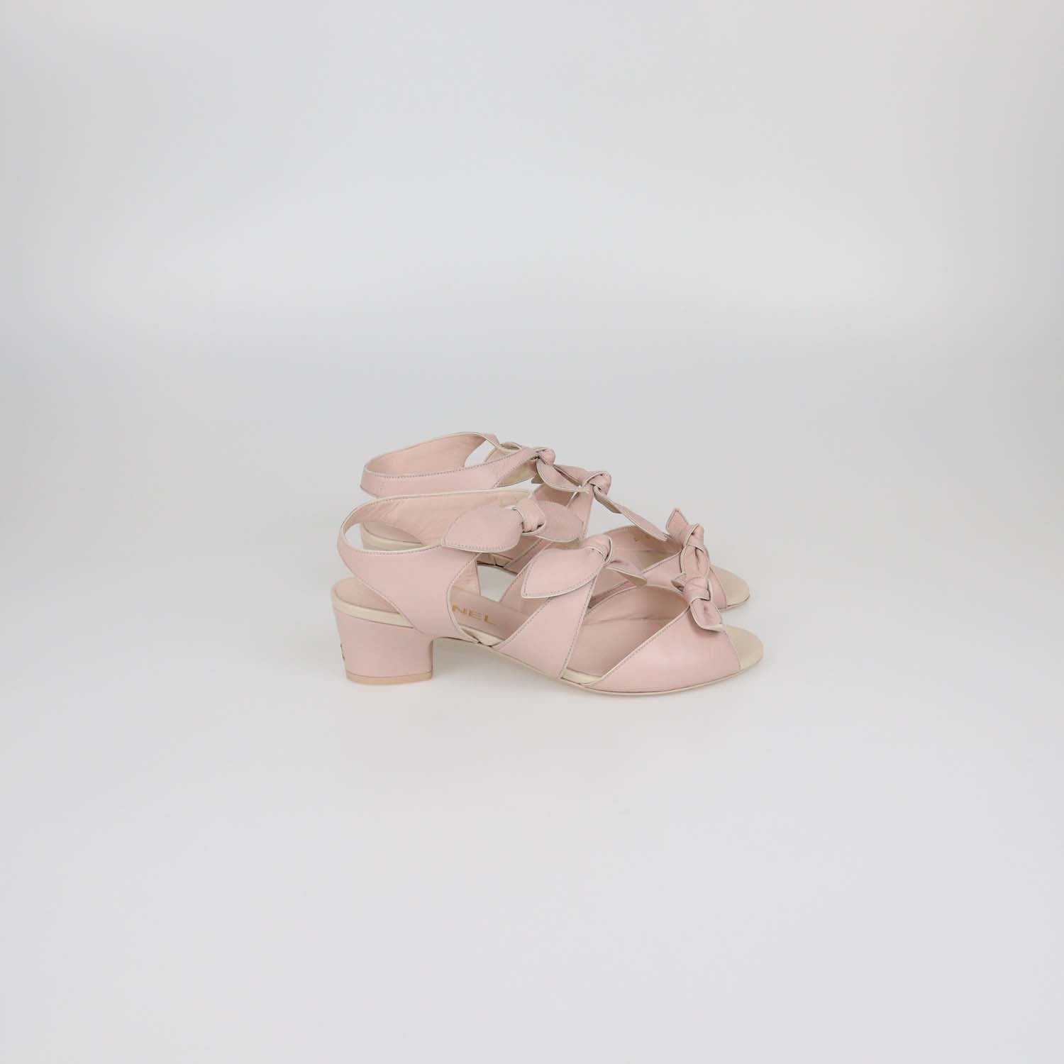 Chanel Light Pink Leather Bow Ankle Strap Sandals