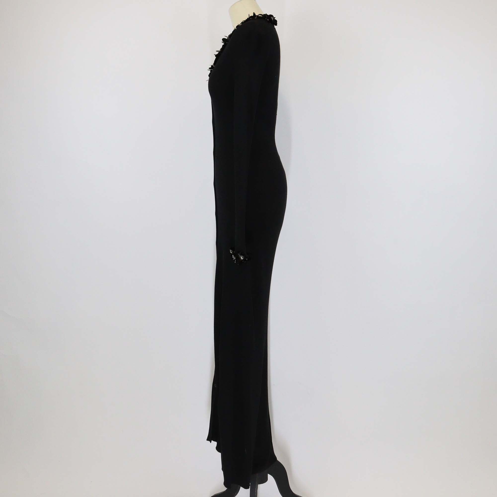 Prada Black Silk Sequin Crystal Trimmed Knit Ribbed Long Sleeve Maxi Dress