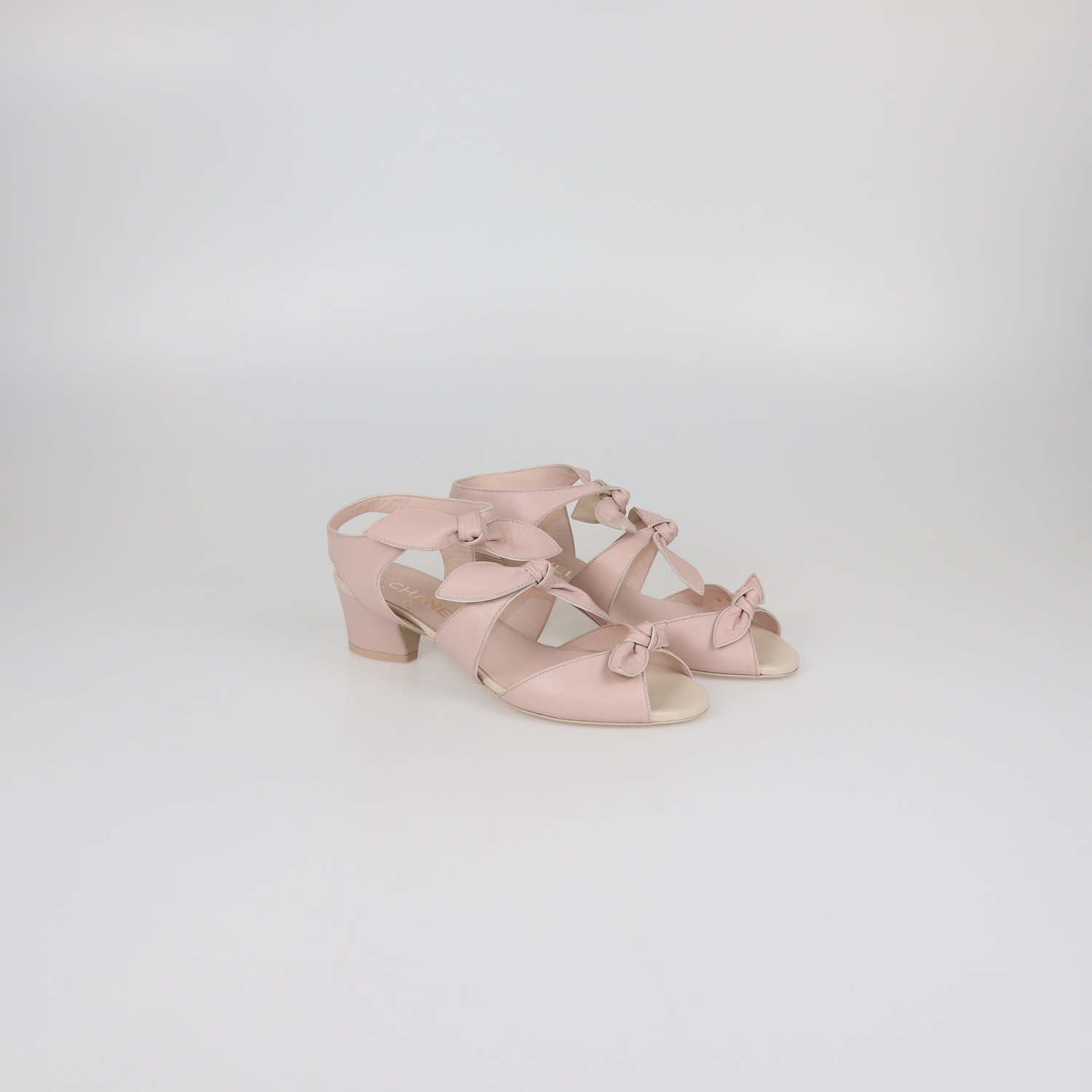 Chanel Light Pink Leather Bow Ankle Strap Sandals