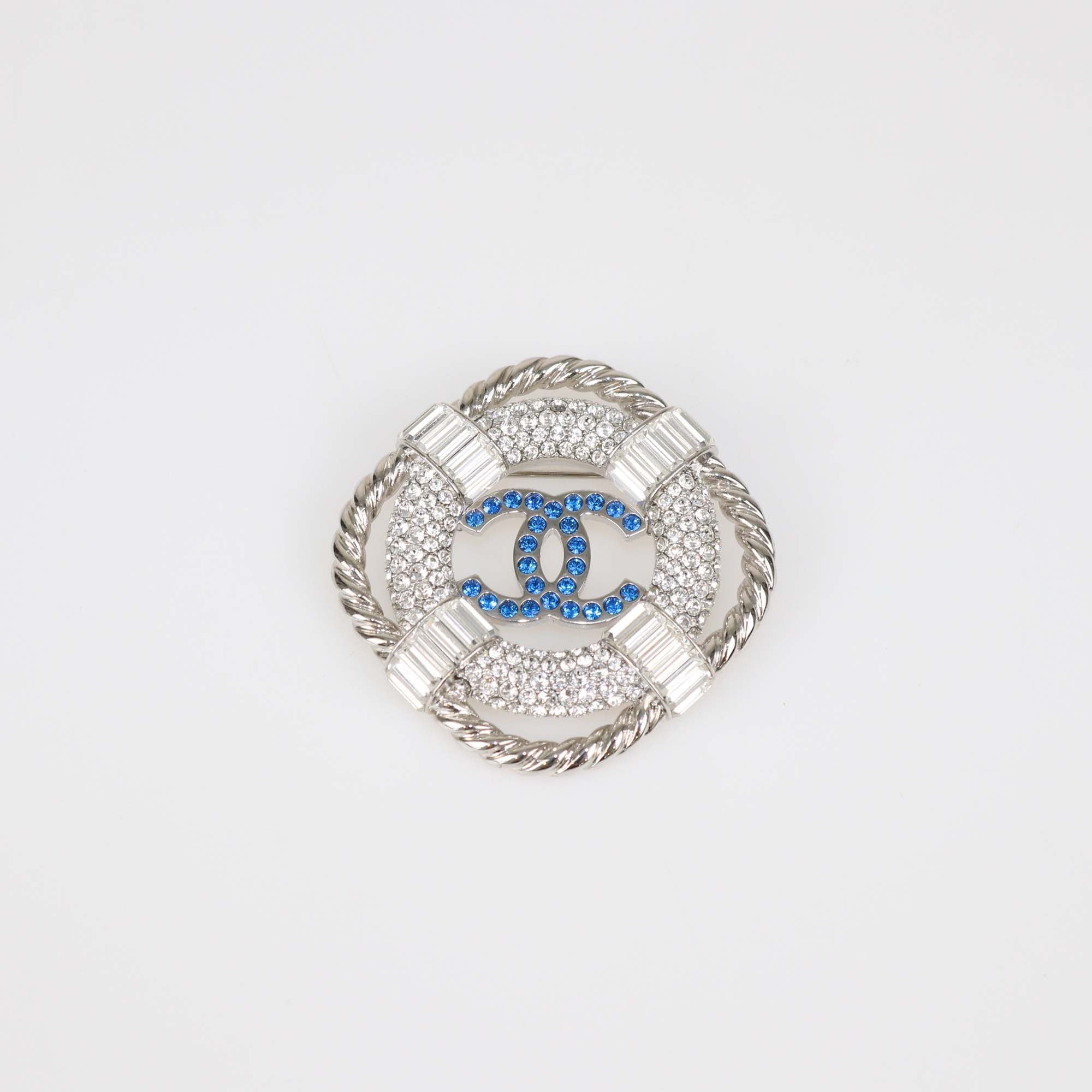 Chanel Silver Tone Metal/Blue Crystal CC Lifesaver Brooch