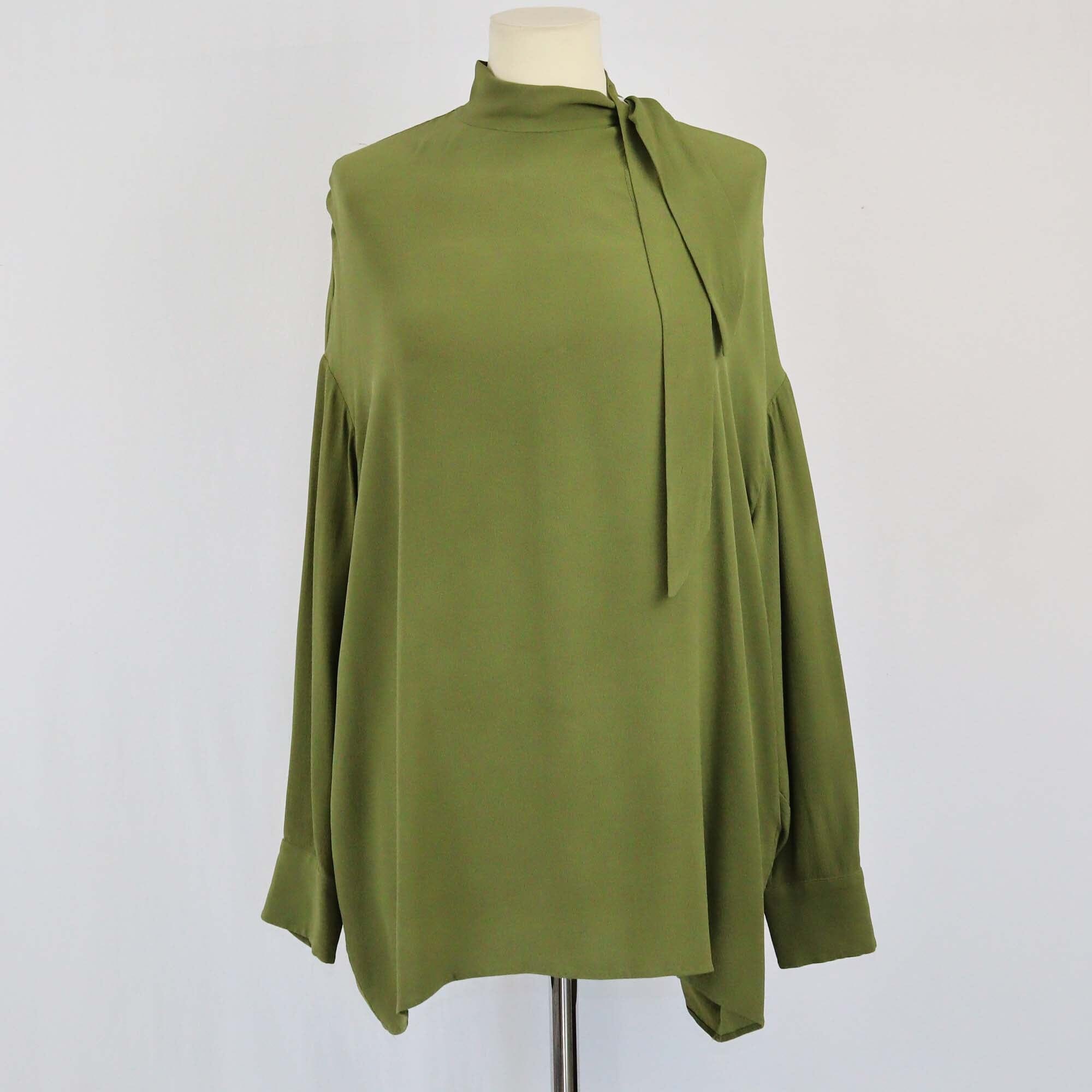 Hermes Olive Green Longsleeve Close Neck Blouse Womens Hermes 