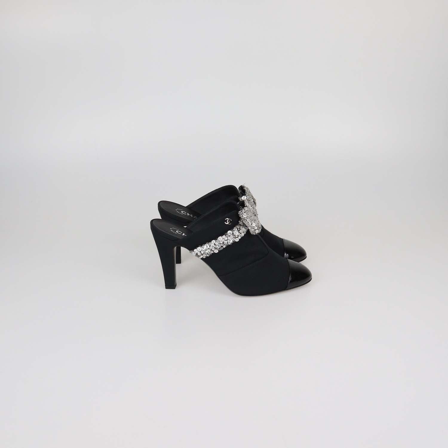Chanel Black Fabric and Patent Leather Rhinestone Bow Cap Toe Mules